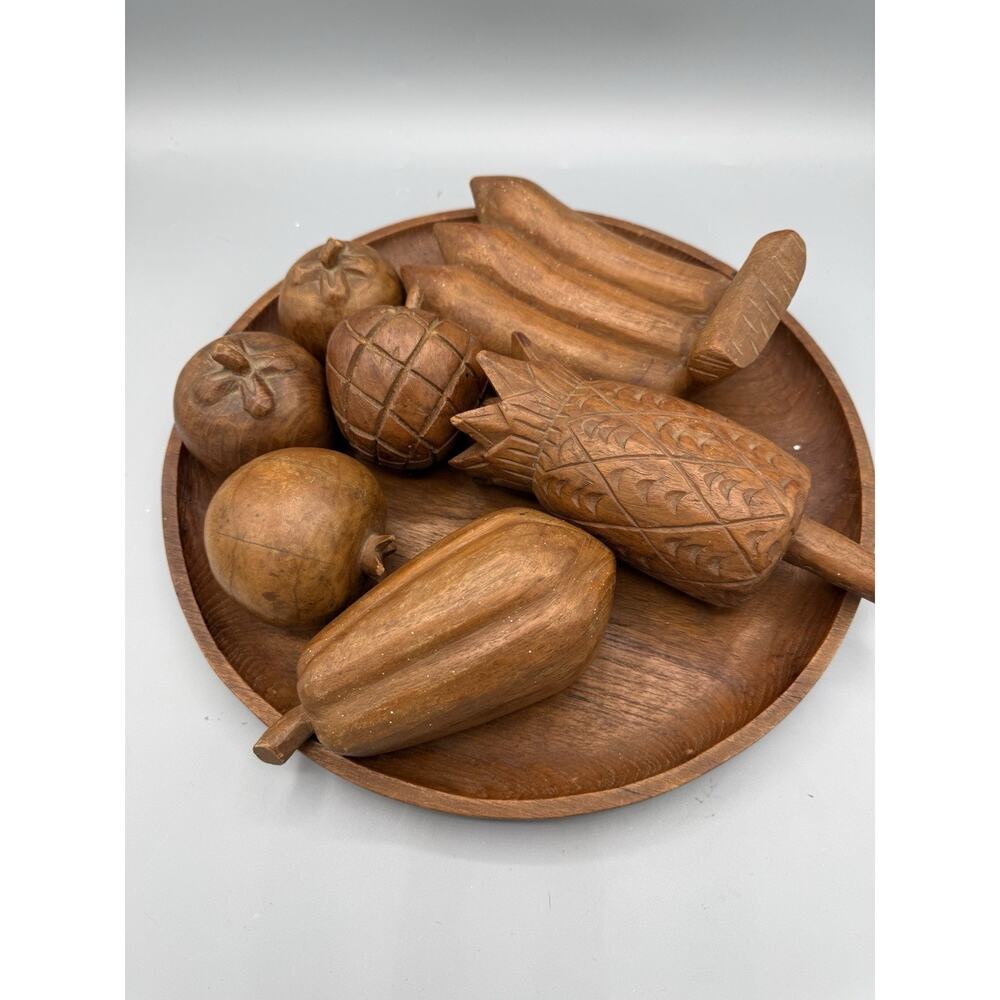 Vintage Carved Wood Tropical Fruit Bowl Set Pineapple Bananas Apples Decor